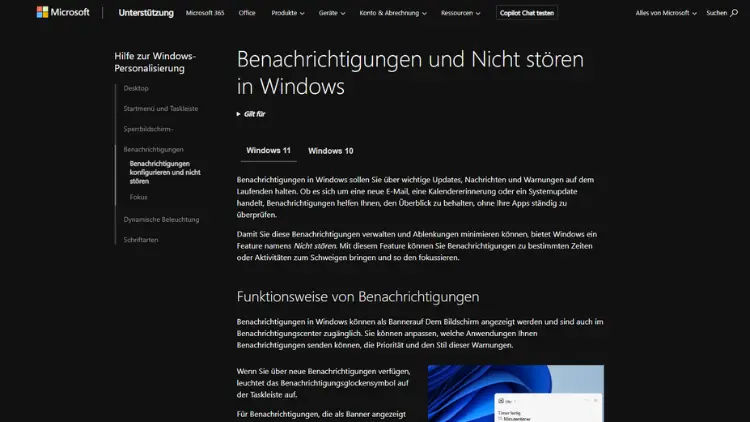 Anpassen von Benachrichtigungen und Schnelleinstellungen in Windows