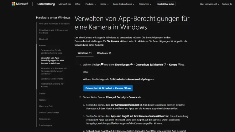 Verwalten von Kamerazugriffsrechten für Anwendungen Windows