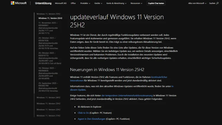 Windows 11 Version 25H2 update verlauf installieren & Fehler