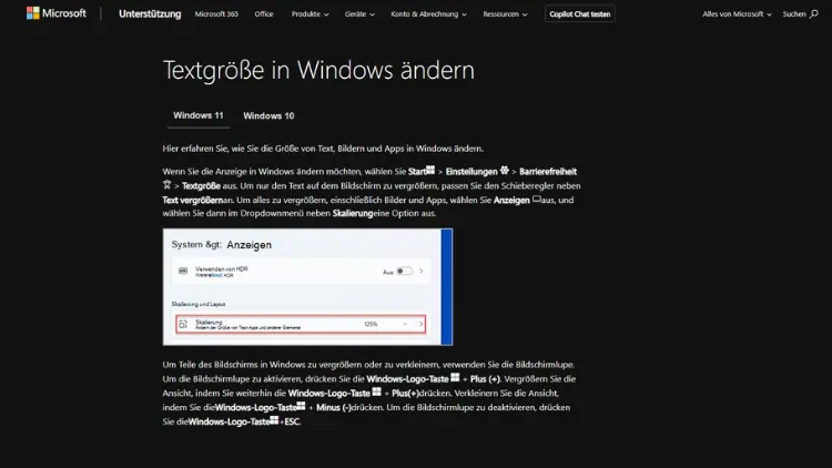 Windows 11 und 10 Text in Bildschirm größer machen
