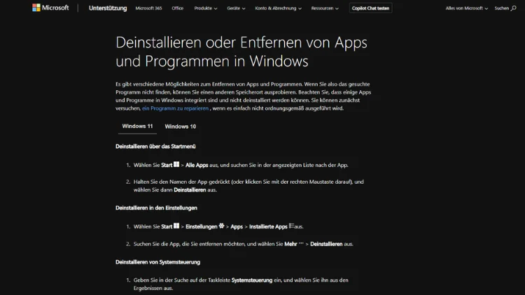Windows 1110 Deinstallieren & Entfernen von Apps & Programmen