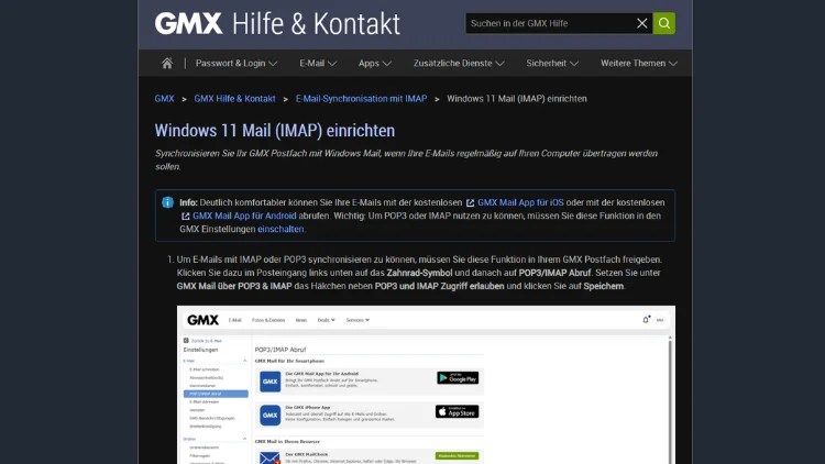 Windows 1110 GMX Mail App (IMAP) einrichten - Anleitung
