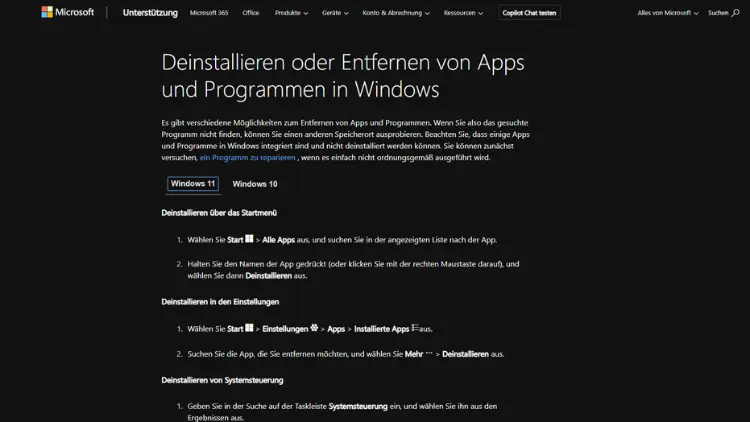 Windows 1110 Programme installieren und deinstallieren
