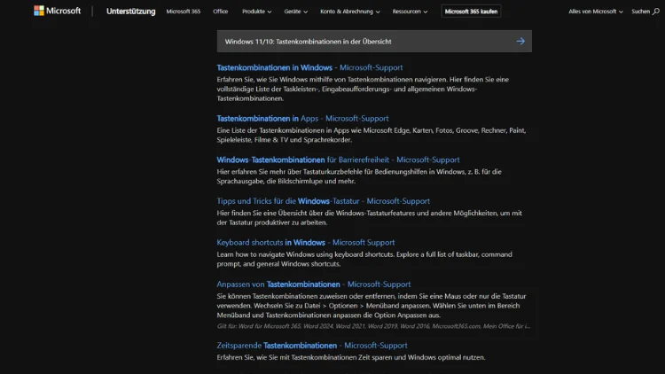 Windows 1110 Tastenkombinationen in der Übersicht