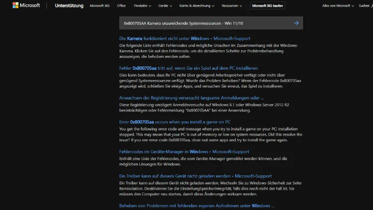 0x800705AA Kamera unzureichende Systemressourcen - Win 1110