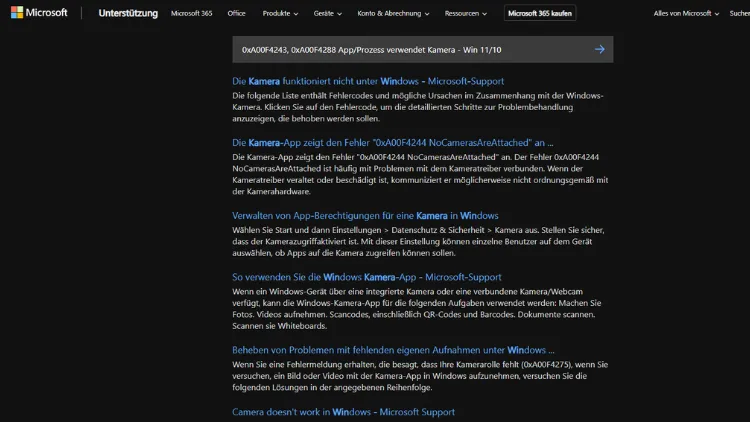 0xA00F4243, 0xA00F4288 AppProzess verwendet Kamera - Win 1110