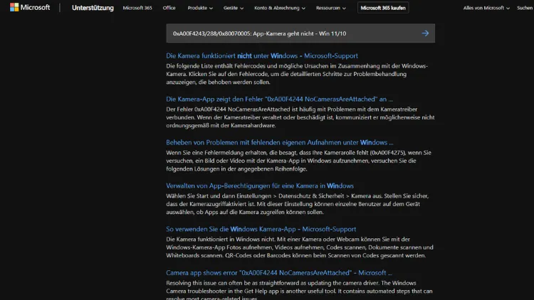 0xA00F42432880x80070005 App-Kamera geht nicht - Win 1110