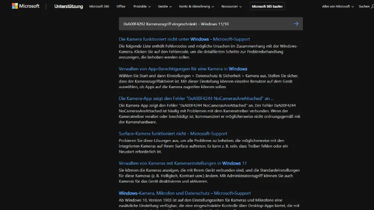 0xA00F4292 Kamerazugriff eingeschränkt - Windows 1110
