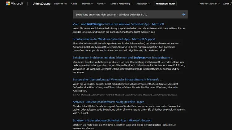 Bedrohung entfernen, nicht zulassen – Windows Defender 1110