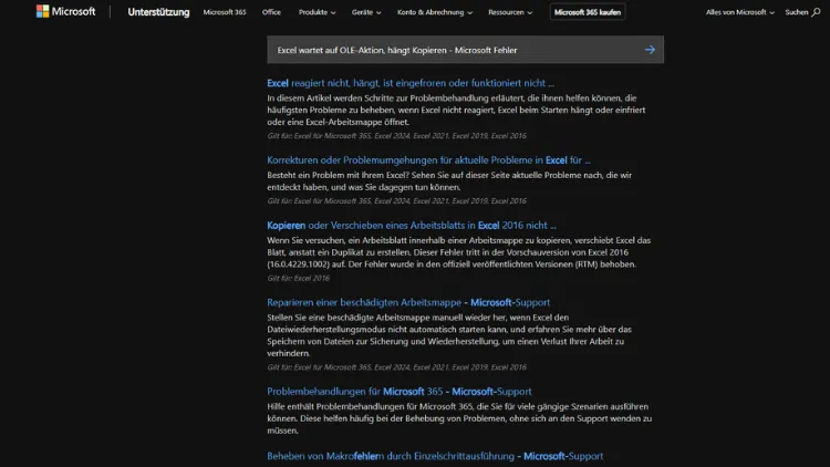 Excel wartet auf OLE-Aktion, hängt Kopieren - Microsoft Fehler