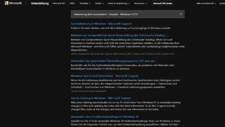 Indexierung läuft automatisch – Ursache - Windows 1110