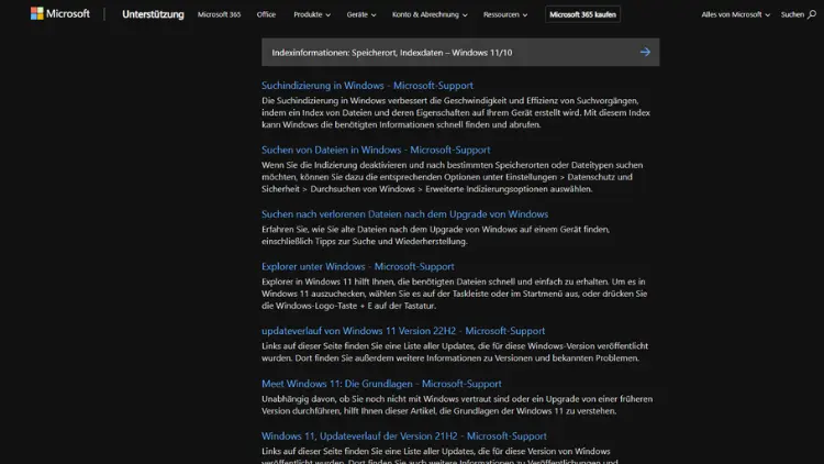 Indexinformationen Speicherort, Indexdaten – Windows 1110