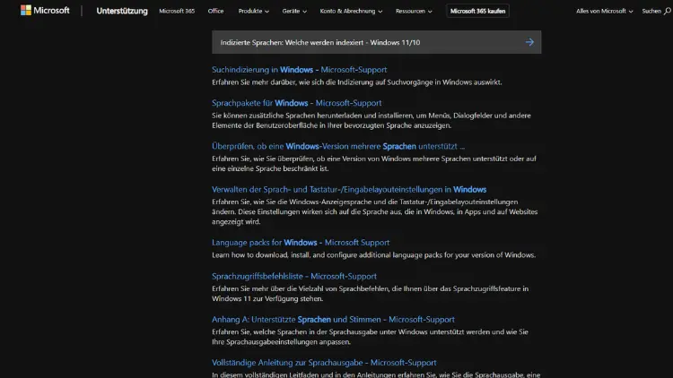 Indizierte Sprachen Welche werden indexiert - Windows 1110