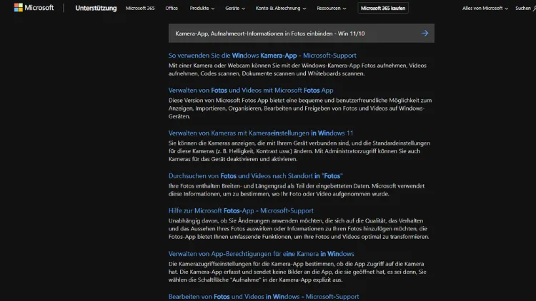 Kamera-App, Aufnahmeort-Informationen in Fotos einbinden - Win 1110