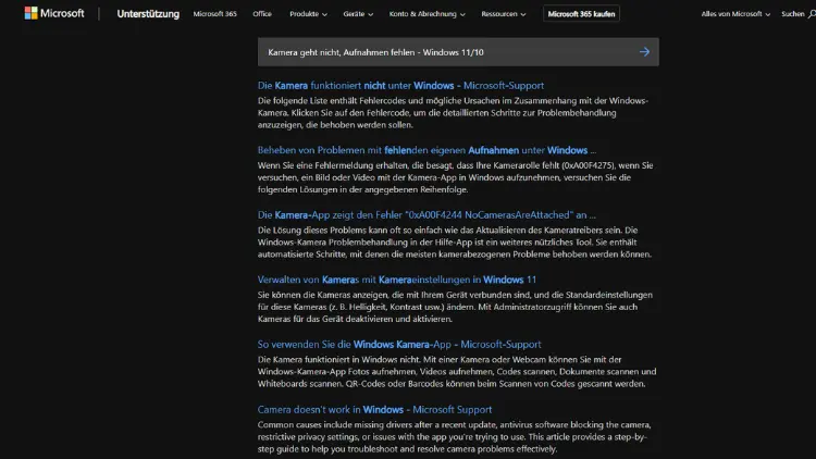 Kamera geht nicht, Aufnahmen fehlen - Windows 1110