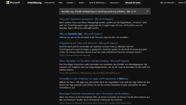 Kontakte-App, Kontakt-Verknüpfung mit Gesichtsgruppierung aufheben - Win 1110