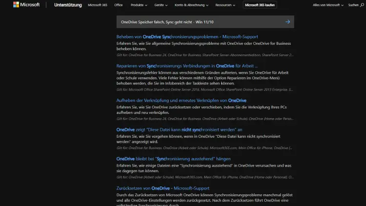 OneDrive Speicher falsch, Sync geht nicht - Win 1110
