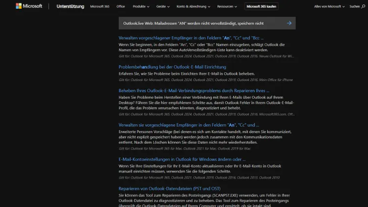 Outlook.live Web Mailadressen AN werden nicht vervollständigt, speichern nicht