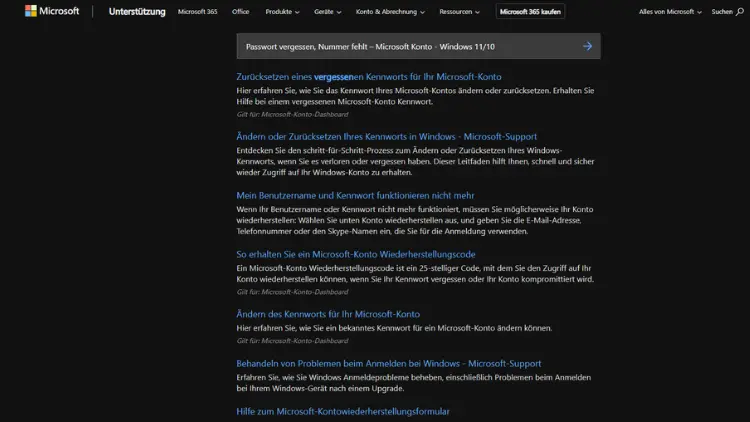 Passwort vergessen, Nummer fehlt – Microsoft Konto - Windows 1110