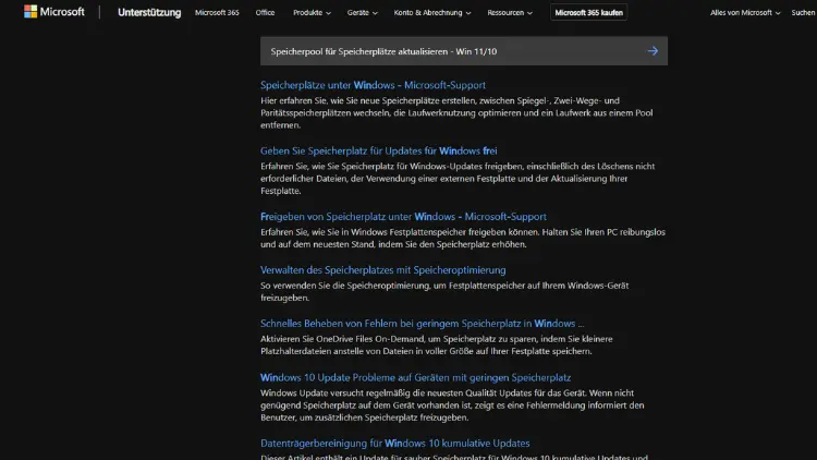 Speicherpool für Speicherplätze aktualisieren - Win 1110