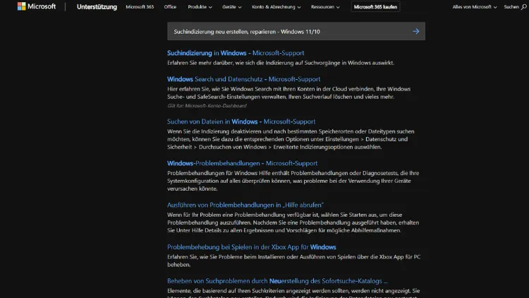 Suchindizierung neu erstellen, reparieren - Windows 1110