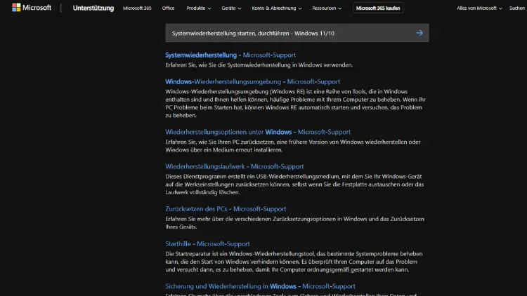 Systemwiederherstellung starten, durchführen - Windows 1110
