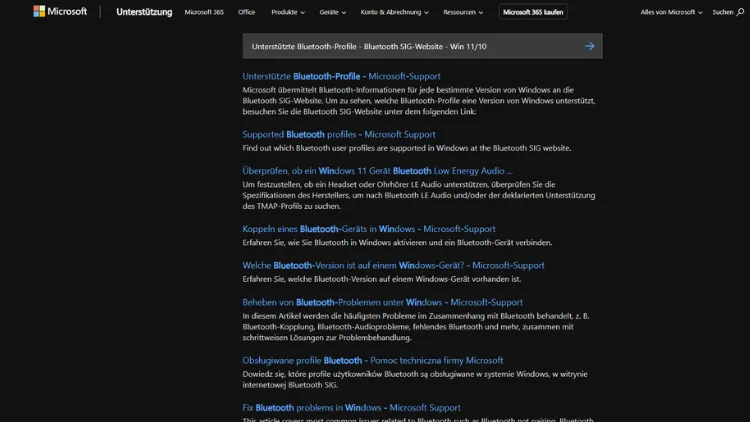 Unterstützte Bluetooth-Profile - Bluetooth SIG-Website - Win 1110