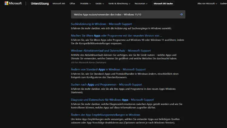 Welche Apps nutzenverwenden den Index – Windows 1110