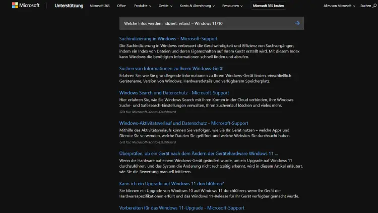 Welche Infos werden indiziert, erfasst – Windows 1110