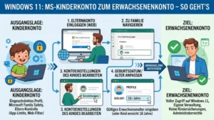Windows 11: MS-Kinderkonto zum Erwachsenenkonto – So geht’s