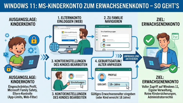 Windows 11: MS-Kinderkonto zum Erwachsenenkonto – So geht’s