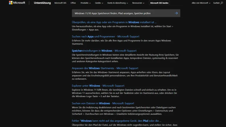 Windows 1110 Apps Speicherort finden, Pfad anzeigen, Speicher prüfen