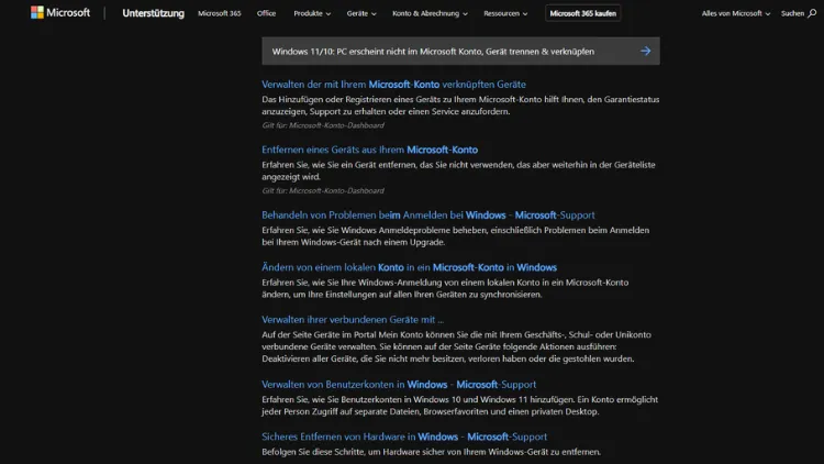 Windows 1110 PC erscheint nicht im Microsoft Konto, Gerät trennen & verknüpfen