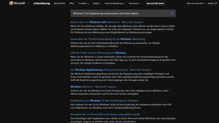 Windows 1110 Registrierung Seriennummer wird nicht erkannt