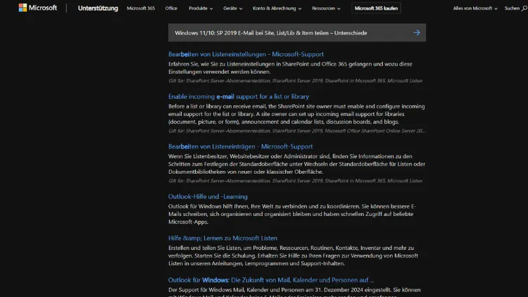 Windows 1110 SP 2019 E-Mail bei Site, ListLib & Item teilen – Unterschiede