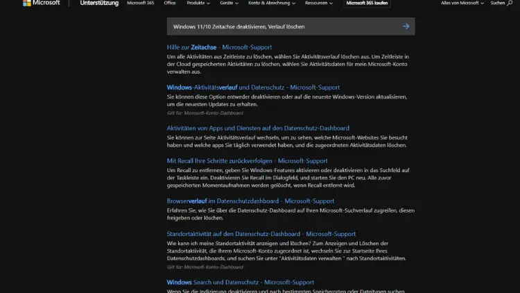 Windows 1110 Zeitachse deaktivieren, Verlauf löschen