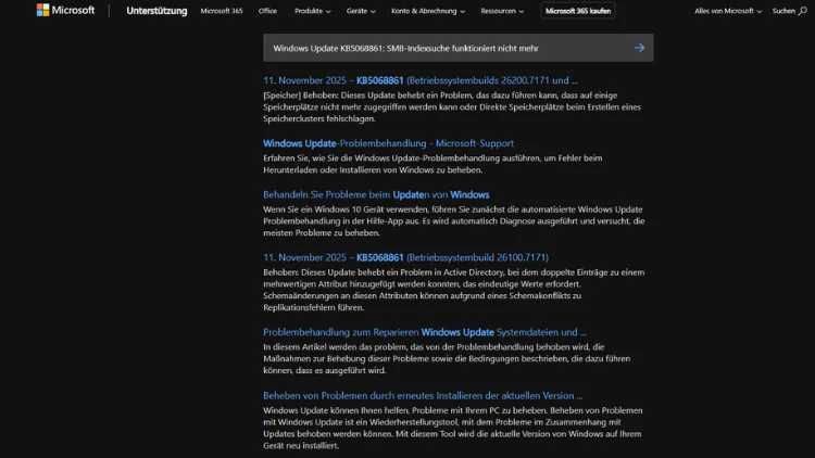 Windows Update KB5068861 SMB-Indexsuche funktioniert nicht mehr