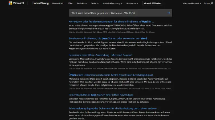 Word stürzt beim Öffnen gespeicherter Dateien ab – Win 1110