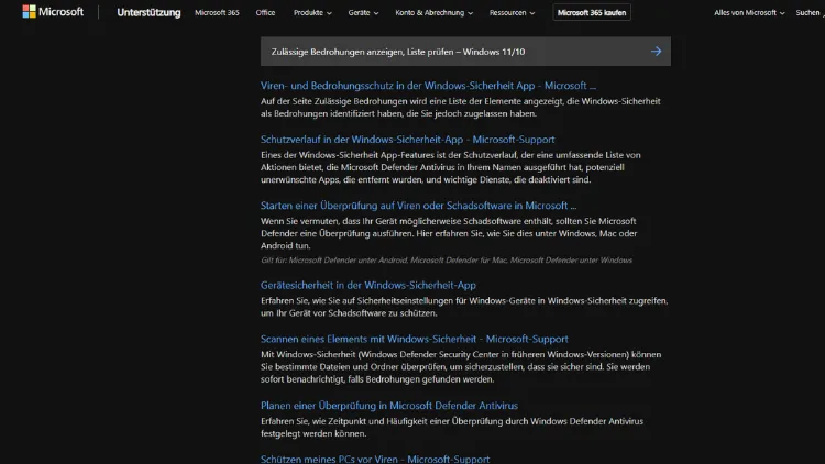 Zulässige Bedrohungen anzeigen, Liste prüfen – Windows 1110