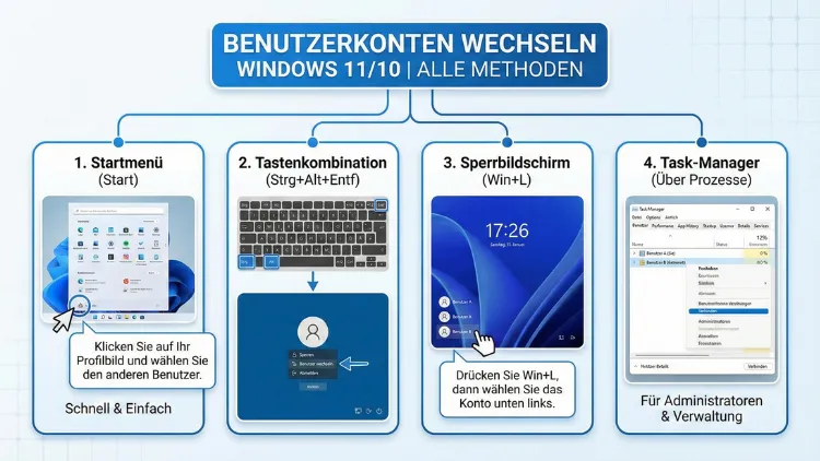 Benutzerkonten wechseln Windows 11/10 | Alle Methoden