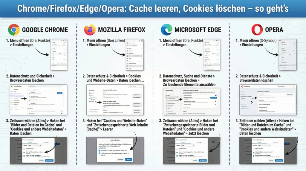 Chrome/Firefox/Edge/Opera: Cache leeren, Cookies löschen – so geht’s