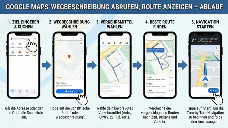 Google Maps-Wegbeschreibung abrufen, Route anzeigen – Ablauf