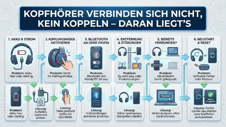 Kopfhörer verbinden sich nicht, kein Koppeln – daran liegt’s