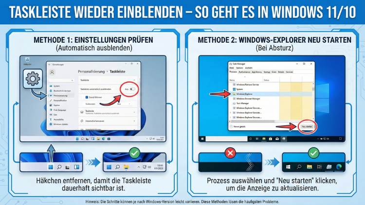 Taskleiste wieder einblenden – so geht es in Windows 11/10