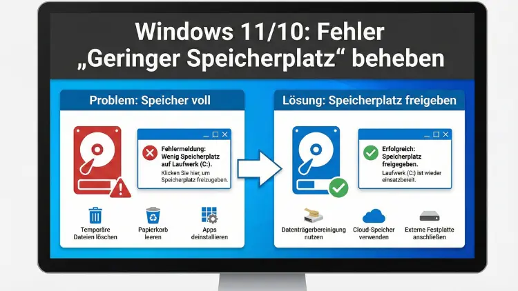 Windows 11/10: Fehler „Geringer Speicherplatz“ beheben