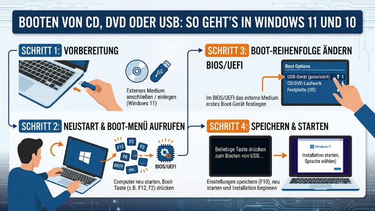 Booten von CD, DVD oder USB: So geht’s in Windows 11 und 10