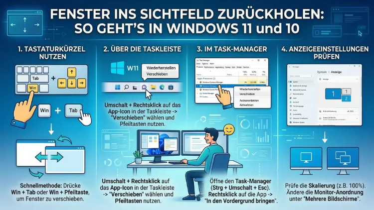 Fenster ins Sichtfeld zurückholen: So geht’s in Windows 11 und 10
