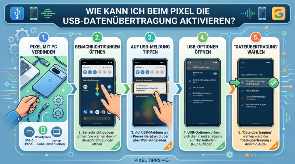 Wie kann ich beim Pixel die USB Datenübertragung aktivieren?