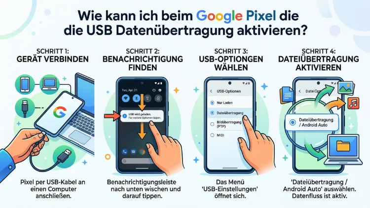 Wie kann ich beim Google Pixel die USB Datenübertragung aktivieren?