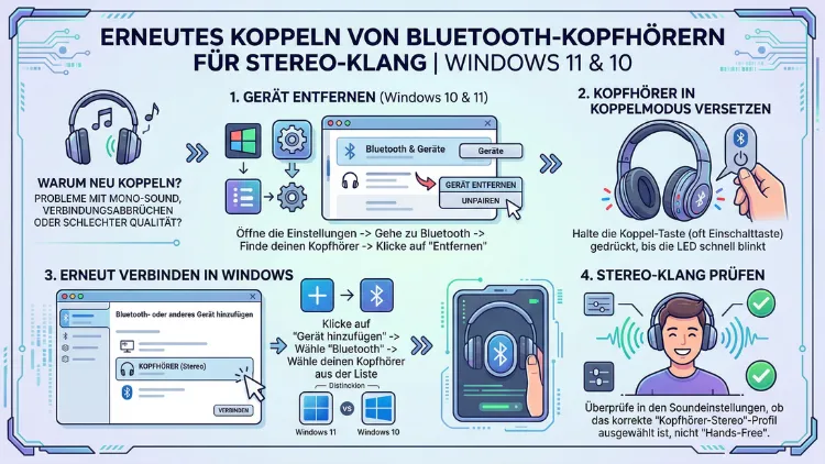 Erneutes Koppeln von Bluetooth-Kopfhörern für Stereo-Klang: So geht’s in Windows 11 und 10